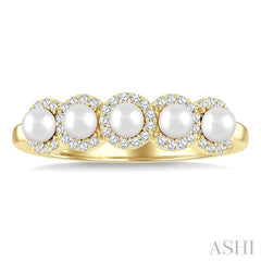 3 MM White Pearl and 1/6 Ctw Round Cut Diamond Halo Ring in 14K Yellow Gold