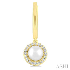 5.5 MM Round Shape Cultured Pearl and 1/8 Ctw Petite Round Cut Diamond Halo Fashion Huggies in 10K Yellow Gold