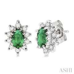 5x3MM Oval Cut Emerald and 1/4 Ctw Round Cut Diamond Earrings in 14K White Gold