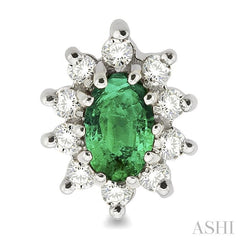 5x3MM Oval Cut Emerald and 1/4 Ctw Round Cut Diamond Earrings in 14K White Gold