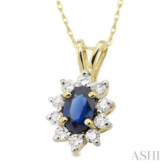 6x4MM Oval Cut Sapphire and 1/4 Ctw Round Cut Diamond Pendant in 14K Yellow Gold with Chain