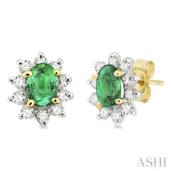 6x4MM Oval Cut Emerald and 1/2 Ctw Round Cut Diamond Earrings in 14K Yellow Gold