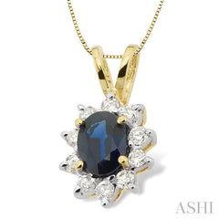 7x5MM Oval Cut Sapphire and 1/3 Ctw Round Cut Diamond Pendant in 14K Yellow Gold with Chain