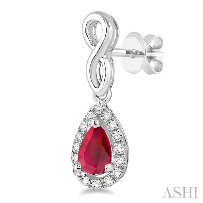5x3 MM Pear Shape Ruby and 1/6 Ctw Round Cut Diamond Earrings in 14K White Gold