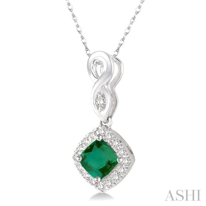 4x4 MM Cushion Shape Emerald and 1/10 Ctw Round Cut Diamond Pendant in 14K White Gold with Chain