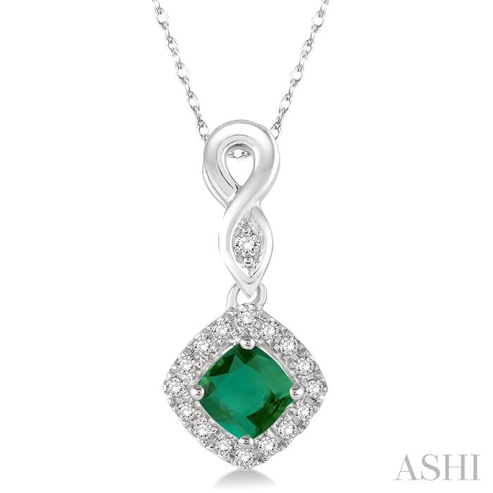 4x4 MM Cushion Shape Emerald and 1/10 Ctw Round Cut Diamond Pendant in 14K White Gold with Chain