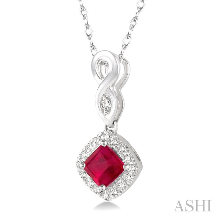 4x4 MM Cushion Shape Ruby and 1/10 Ctw Round Cut Diamond Pendant in 14K White Gold with Chain