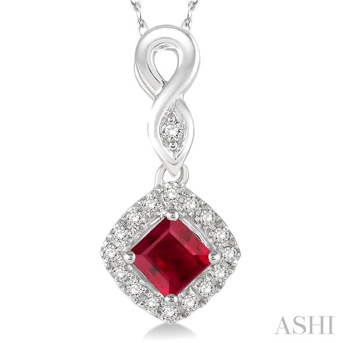 4x4 MM Cushion Shape Ruby and 1/10 Ctw Round Cut Diamond Pendant in 14K White Gold with Chain