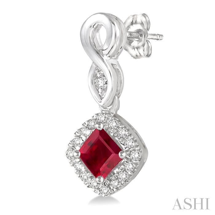 4x4 MM Cushion Shape Ruby and 1/5 Ctw Round Cut Diamond Earrings in 10K White Gold