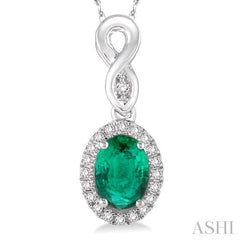6x4 MM Oval Cut Emerald and 1/10 Ctw Round Cut Diamond Pendant in 14K White Gold with Chain