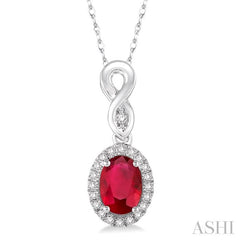 6x4 MM Oval Cut Ruby and 1/10 Ctw Round Cut Diamond Pendant in 10K White Gold with Chain