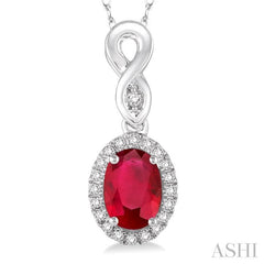 6x4 MM Oval Cut Ruby and 1/10 Ctw Round Cut Diamond Pendant in 10K White Gold with Chain