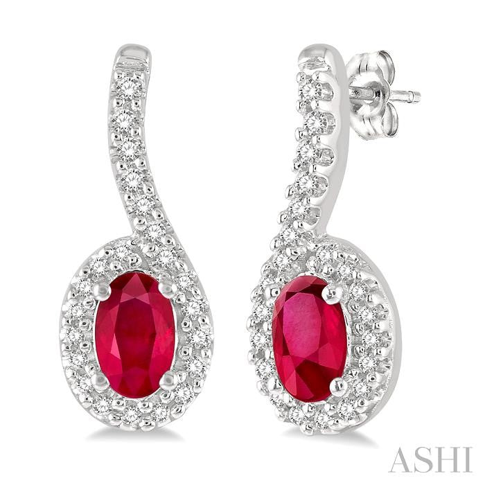 5x3 MM Hanging Arm Oval Cut Ruby and 1/6 Ctw Round Cut Diamond Precious Earring in 10K White Gold