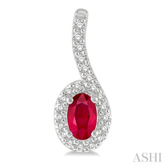 5x3 MM Hanging Arm Oval Cut Ruby and 1/6 Ctw Round Cut Diamond Precious Earring in 10K White Gold
