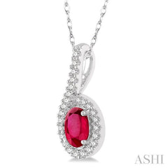 6X4 MM Oval Shape Ruby and 1/8 Ctw Round Cut Diamond Precious Pendant With Chain in 10K White Gold