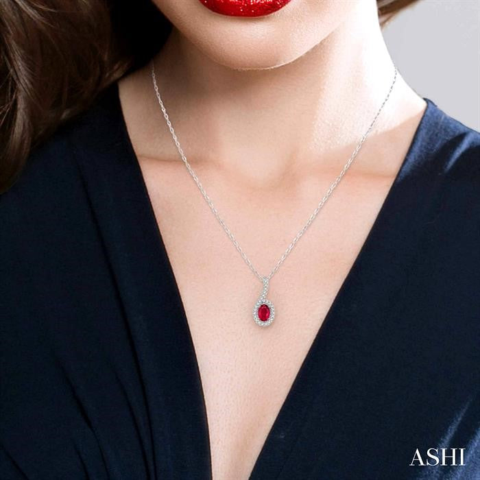 6X4 MM Oval Shape Ruby and 1/8 Ctw Round Cut Diamond Precious Pendant With Chain in 10K White Gold
