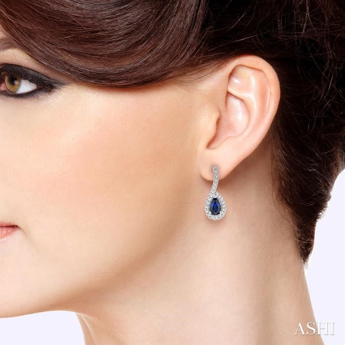 5x3 MM Hanging Arm Pear Cut Sapphire and 1/6 Ctw Round Cut Diamond Precious Earring in 10K White Gold