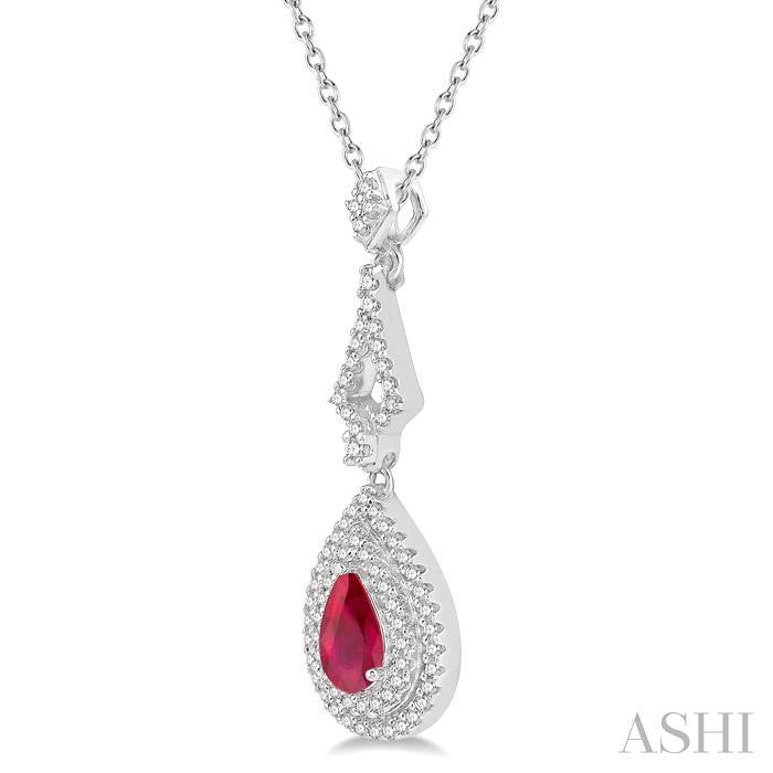 6X4 MM Pear Shape Ruby and 1/5 Ctw Round Cut Diamond Precious Pendant With Chain in 14K White Gold