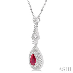 6X4 MM Pear Shape Ruby and 1/5 Ctw Round Cut Diamond Precious Pendant With Chain in 14K White Gold