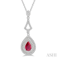 6X4 MM Pear Shape Ruby and 1/5 Ctw Round Cut Diamond Precious Pendant With Chain in 14K White Gold