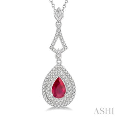 6X4 MM Pear Shape Ruby and 1/5 Ctw Round Cut Diamond Precious Pendant With Chain in 14K White Gold