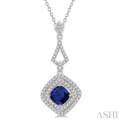 5X5 MM Cushion Shape Sapphire and 1/5 Ctw Round Cut Diamond Precious Pendant With Chain in 14K White Gold
