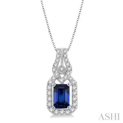 6x4 MM Emerald Shape Sapphire and 1/5 Ctw Interlocking Round Cut Diamond Precious Pendant With Chain in 14K White Gold