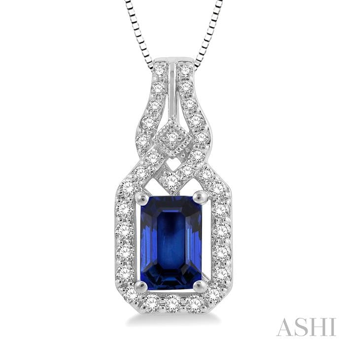 6x4 MM Emerald Shape Sapphire and 1/5 Ctw Interlocking Round Cut Diamond Precious Pendant With Chain in 14K White Gold