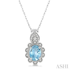 8x6 MM Floral Oval Cut Aquamarine and 1/10 Ctw Round Cut Diamond Semi-Precious Pendant With Chain in 10K White Gold