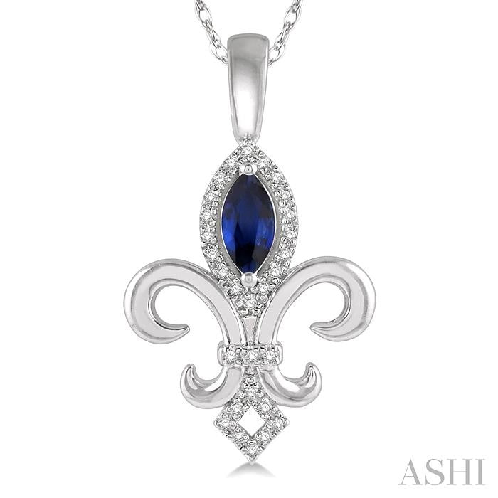 6x3 MM Marquise Shape Sapphire and 1/10 Ctw Round Cut Diamond Fleur De Lis Precious Pendant With Chain in 10K White Gold