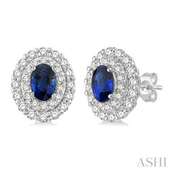 6x4 MM Oval Shape Sapphire and 3/4 Ctw Round Cut Diamond Precious Earrings in 14K White Gold