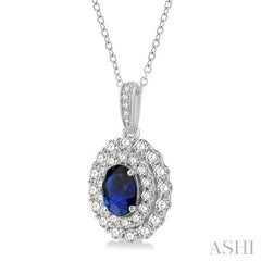 7x5 MM Oval Shape Sapphire and 3/4 Ctw Round Cut Diamond Precious Pendant With Chain in 14K White Gold