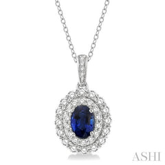 7x5 MM Oval Shape Sapphire and 3/4 Ctw Round Cut Diamond Precious Pendant With Chain in 14K White Gold