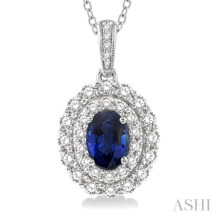 7x5 MM Oval Shape Sapphire and 3/4 Ctw Round Cut Diamond Precious Pendant With Chain in 14K White Gold