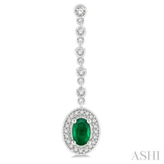 6x4 MM Oval Shape Emerald and 3/8 Ctw Round Cut Diamond Drop Earrings in 14K White Gold