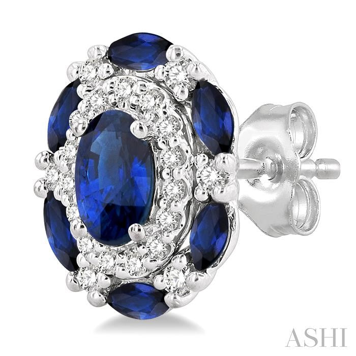 5x3 MM Oval Cut and 3X1.5 MM Marquise Cut Sapphire and 1/5 Ctw Round Cut Diamond Precious Earring in 14K White Gold