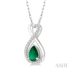6X4 MM Pear Cut Emerald and 1/10 Ctw Eternity Round Cut Diamond Precious Pendant With Chain in 10K White Gold