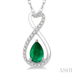 6X4 MM Pear Cut Emerald and 1/10 Ctw Eternity Round Cut Diamond Precious Pendant With Chain in 10K White Gold