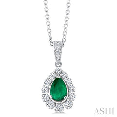 6X4 MM Pear Cut Emerald and 1/4 Ctw Round Cut Diamond Precious Pendant With Chain in 14K White Gold
