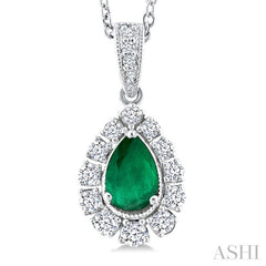 6X4 MM Pear Cut Emerald and 1/4 Ctw Round Cut Diamond Precious Pendant With Chain in 14K White Gold