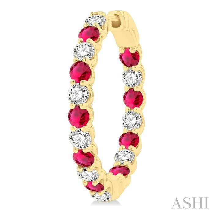 2.7 MM Round Shape Ruby and 1 1/4 Ctw Interior & Exterior Round Cut Diamond Precious Hoop Earring in 14K Yellow Gold