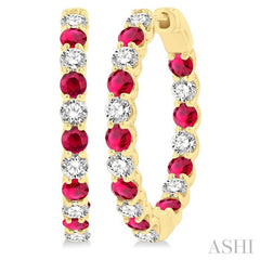 2.7 MM Round Shape Ruby and 1 1/4 Ctw Interior & Exterior Round Cut Diamond Precious Hoop Earring in 14K Yellow Gold