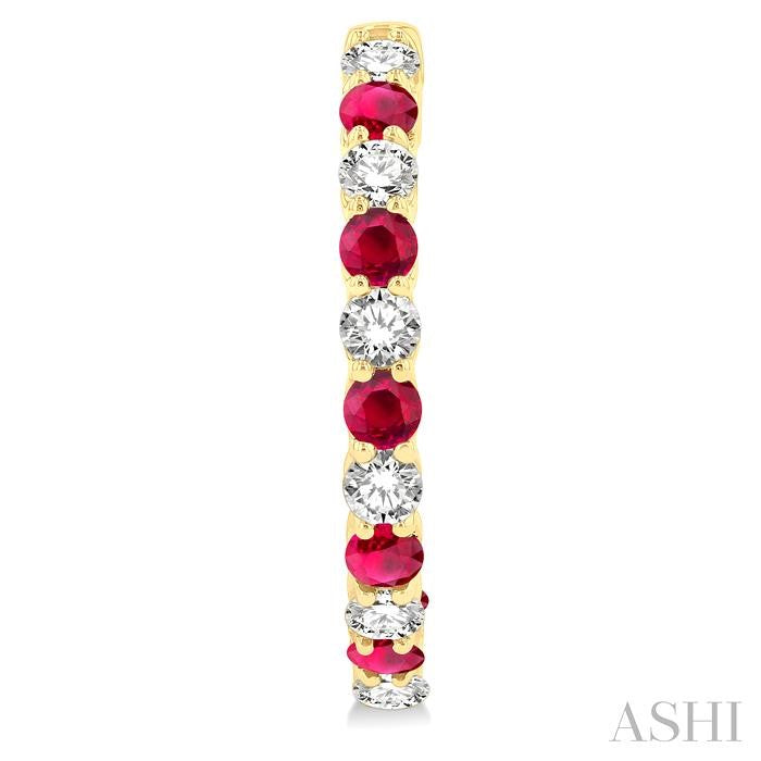 2.7 MM Round Shape Ruby and 1 1/4 Ctw Interior & Exterior Round Cut Diamond Precious Hoop Earring in 14K Yellow Gold