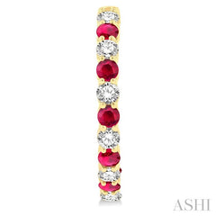 2.7 MM Round Shape Ruby and 1 1/4 Ctw Interior & Exterior Round Cut Diamond Precious Hoop Earring in 14K Yellow Gold