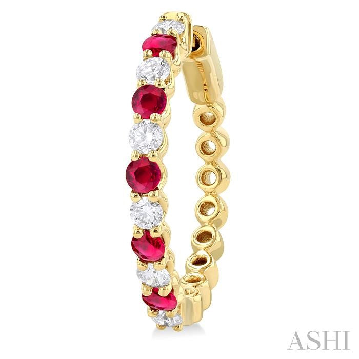 2.7 MM Round Shape Ruby and 7/8 Ctw Round Cut Diamond Precious Hoop Earring in 14K Yellow Gold