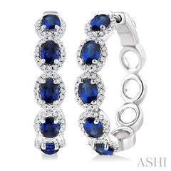 4X3 MM Oval Cut Sapphire and 1/2 Ctw Round Cut Diamond Halo Precious Hoop Earring in 14K White Gold