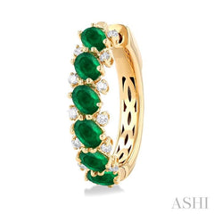 4X3 MM Oval Cut Emerald and 1/4 Ctw Round Cut Diamond Precious Hoop Earring in 14K Yellow Gold