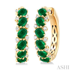 4X3 MM Oval Cut Emerald and 1/4 Ctw Round Cut Diamond Precious Hoop Earring in 14K Yellow Gold