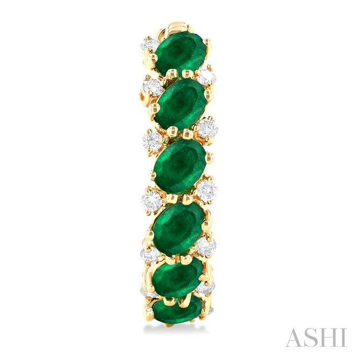 4X3 MM Oval Cut Emerald and 1/4 Ctw Round Cut Diamond Precious Hoop Earring in 14K Yellow Gold