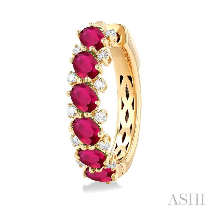 4X3 MM Oval Cut Ruby and 1/4 Ctw Round Cut Diamond Precious Hoop Earring in 14K Yellow Gold